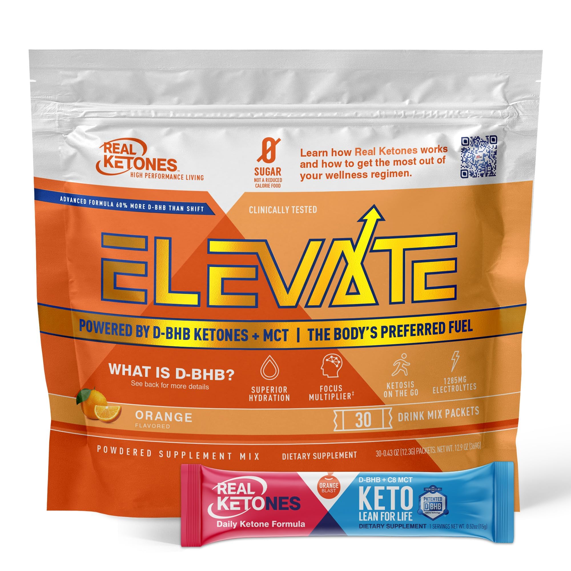 Real Ketones MCT & BHB drink packet orange, poured for steady energy.