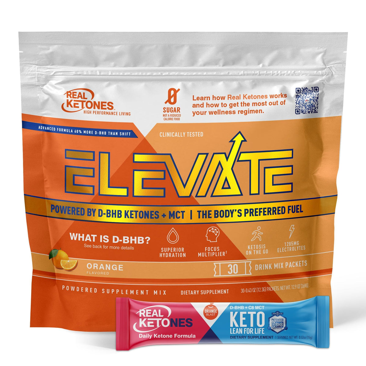 Real Ketones MCT & BHB drink packet orange, poured for steady energy.