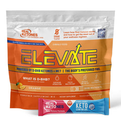 Real Ketones MCT & BHB drink packet orange, poured for steady energy.
