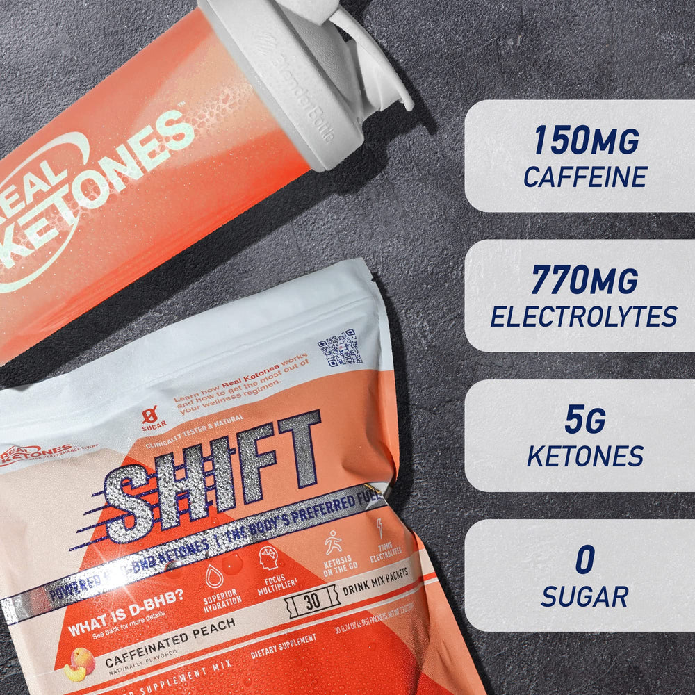 Real Ketones Peach BHB glass with ice ready to support afternoon energy