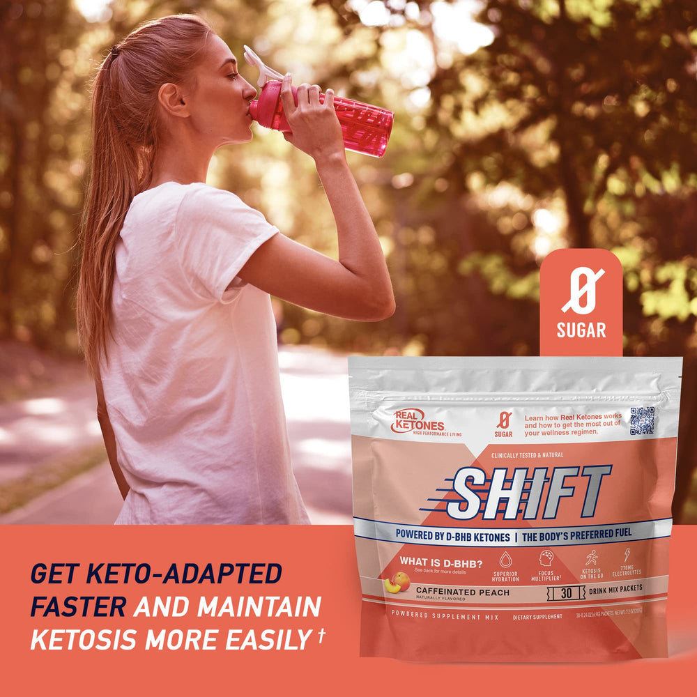 Real Ketones Peach BHB packet closeup highlighting zero sugar formula