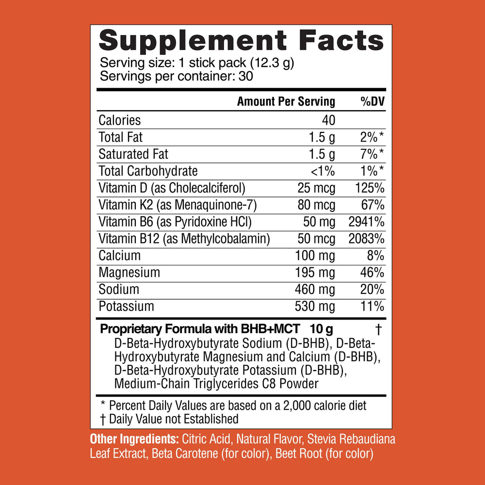 Real Ketones travel pack orange, compact for on-the-go hydration.