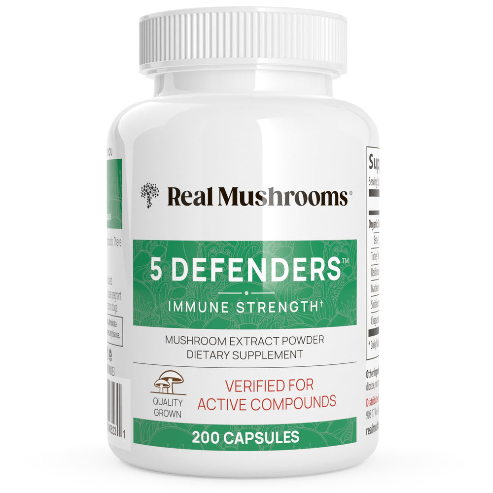 Real Mushrooms 5 Defenders bottle front, highlighting organic mushroom blend for daily wellness
