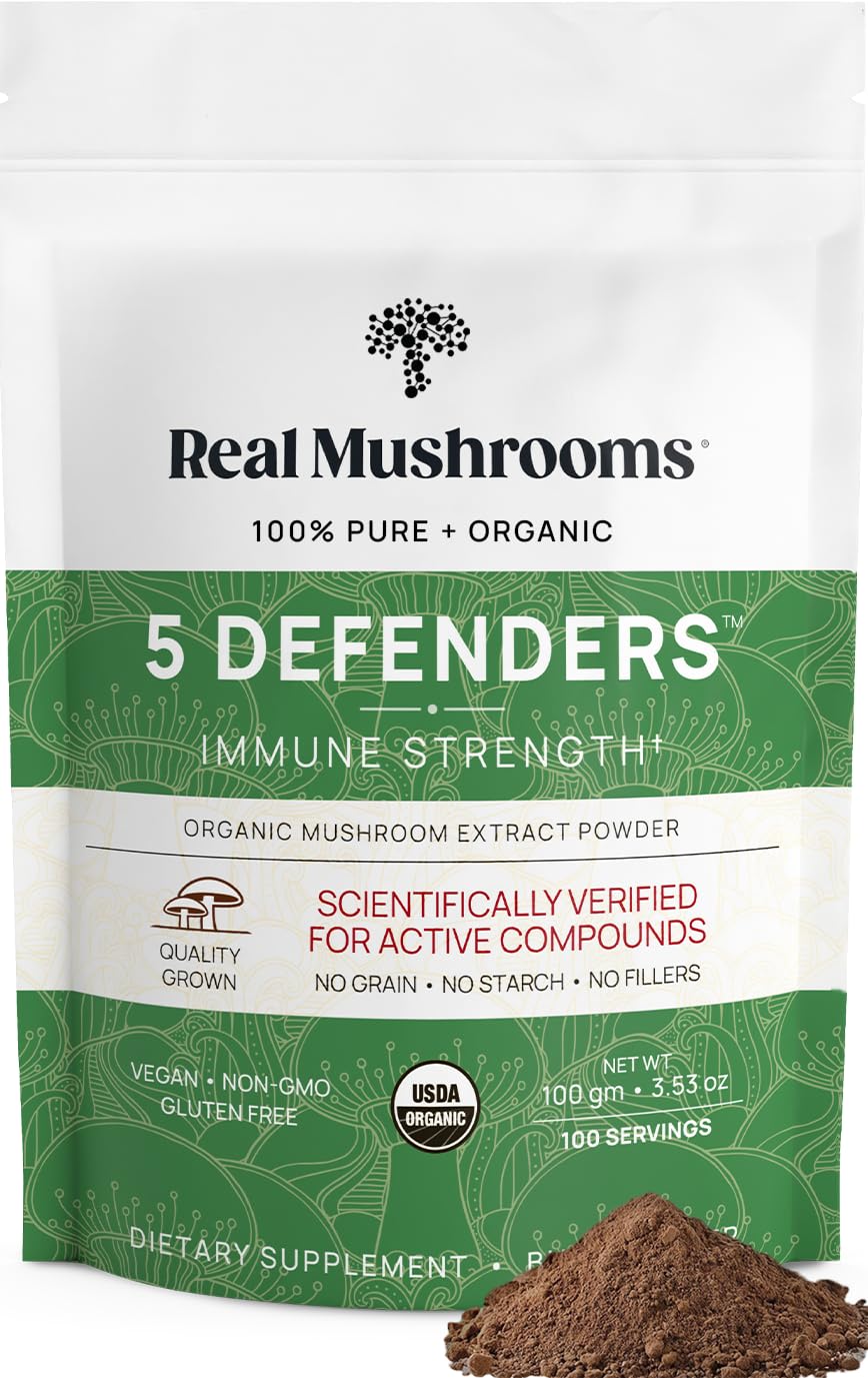 Real Mushrooms 5 Defenders bottle front showing the organic blend for daily use.