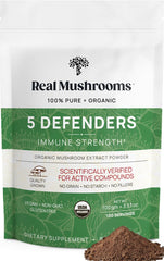 Real Mushrooms 5 Defenders bottle front showing the organic blend for daily use.