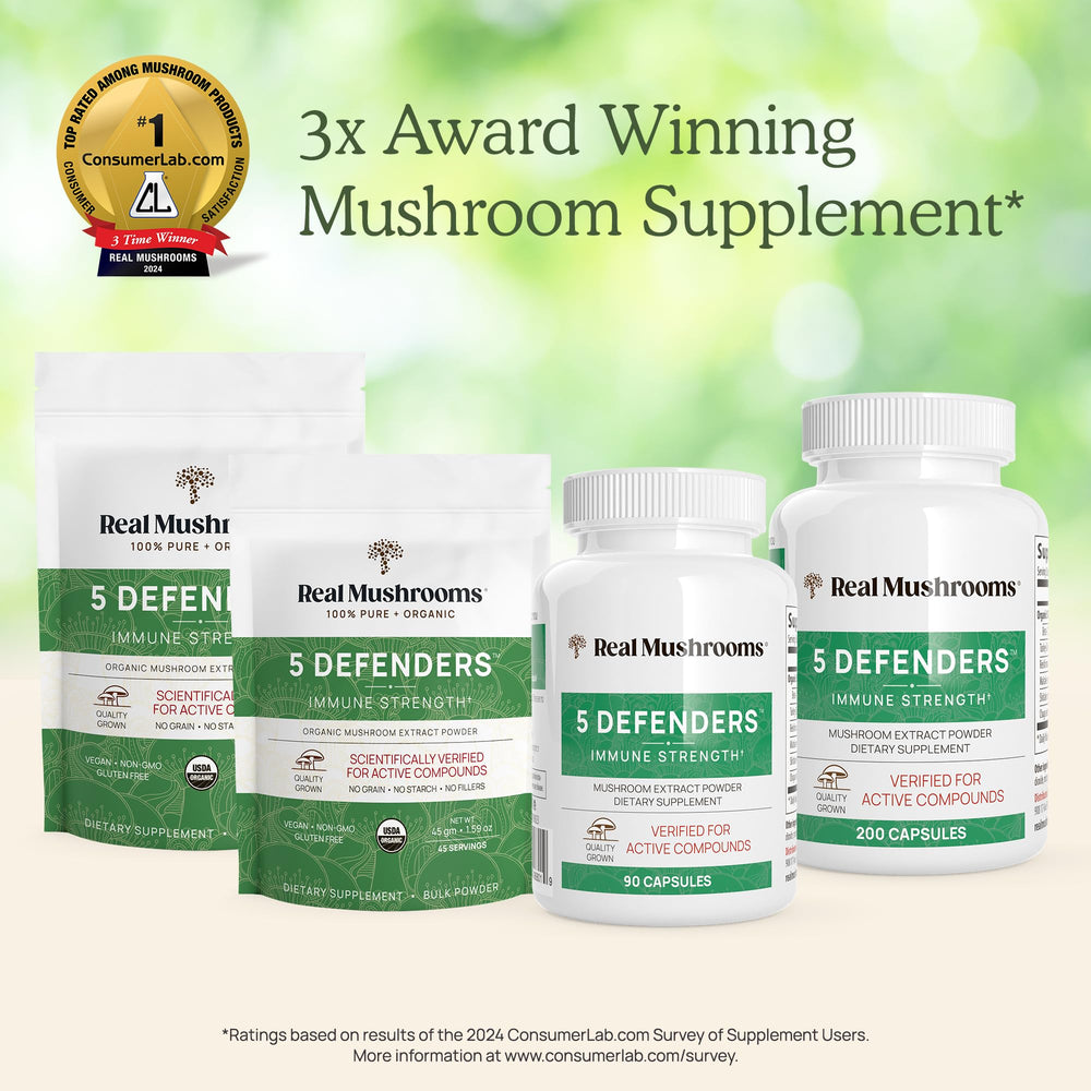 Real Mushrooms 5 Defenders bottle on a shelf ready for daily routine