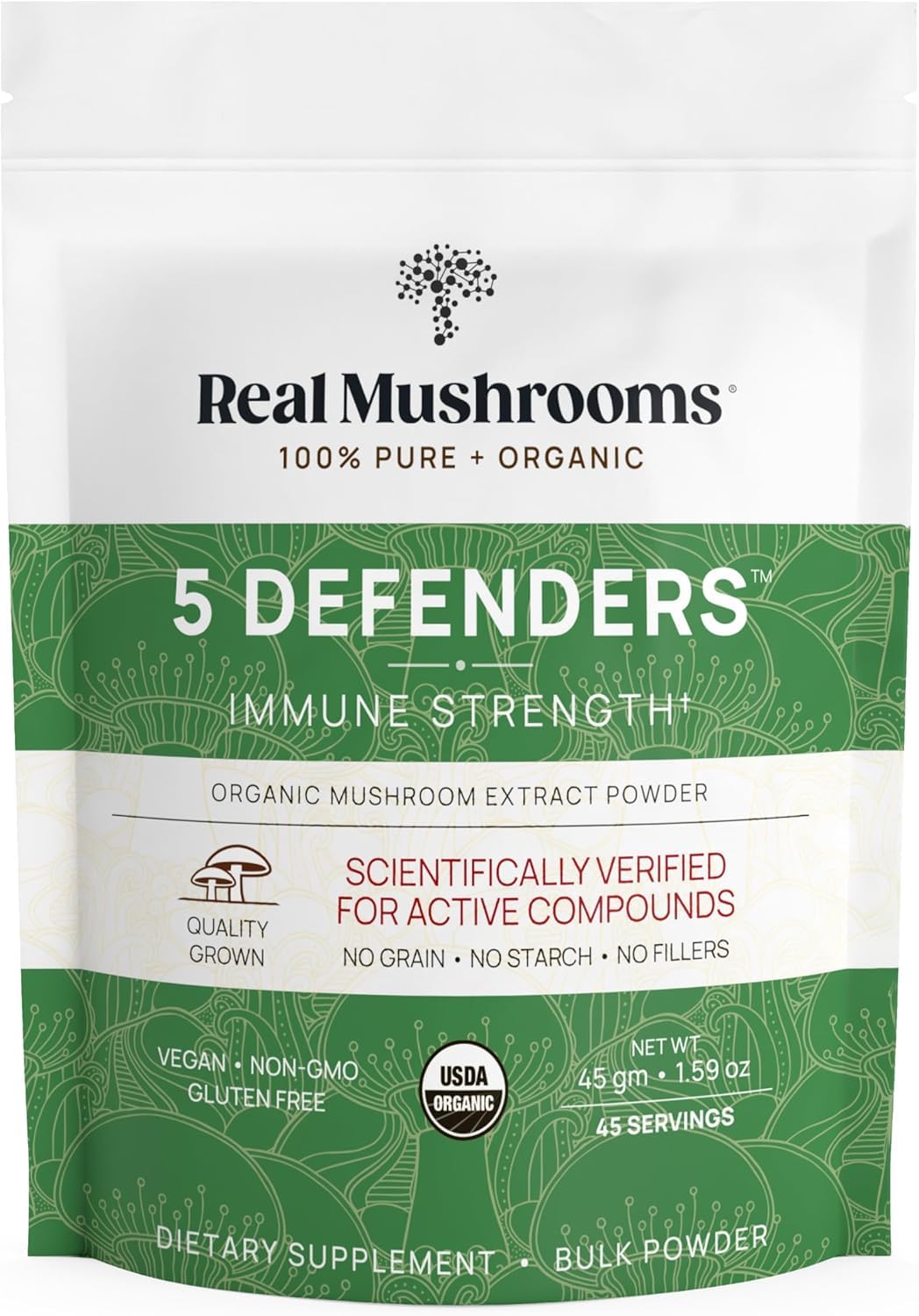 Real Mushrooms 5 Defenders bottle showing the 5-mushroom blend for daily wellness.