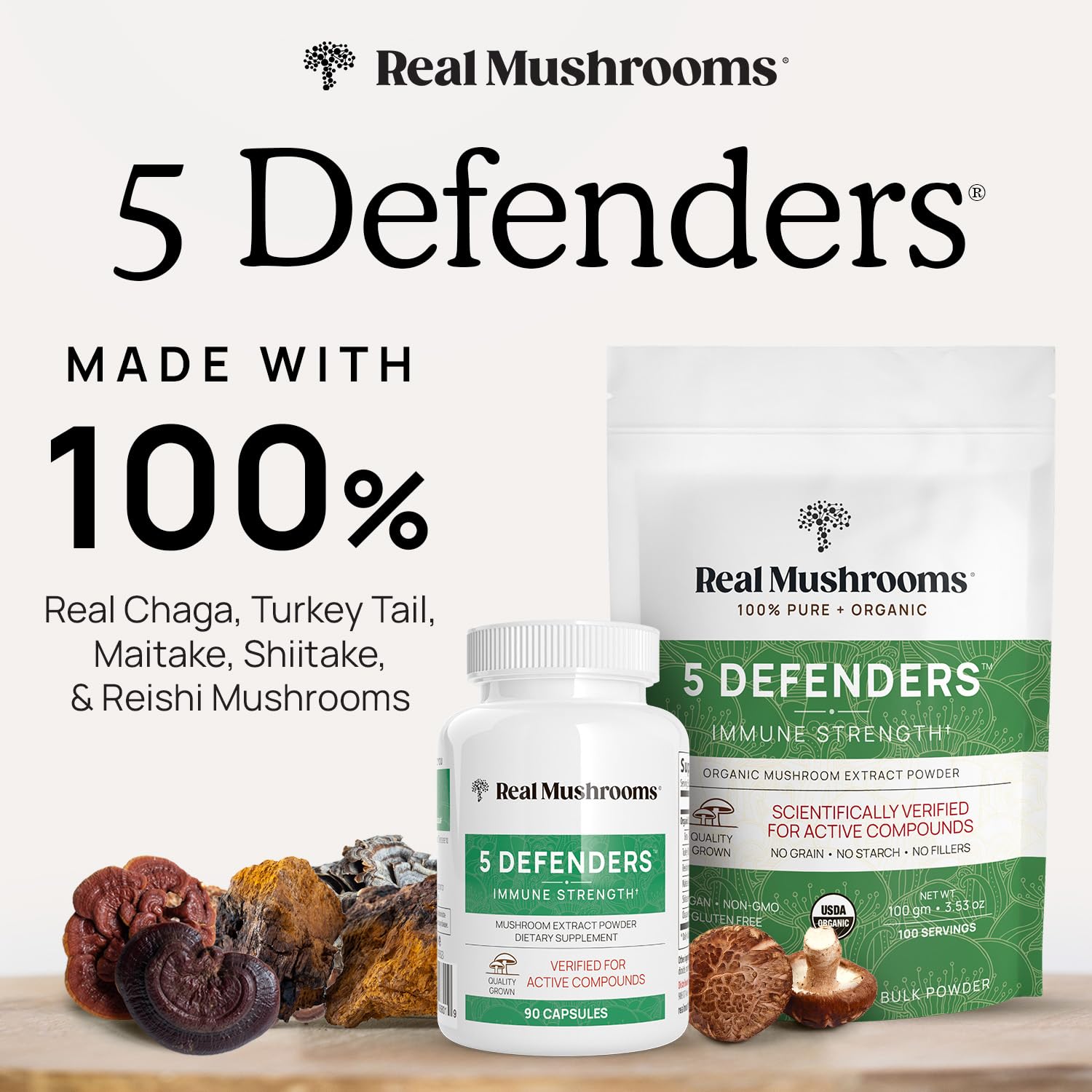 Real Mushrooms 5 Defenders bottle closed, highlighting 90-count vegan capsules.