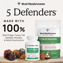 Real Mushrooms 5 Defenders bottle closed, highlighting 90-count vegan capsules.