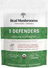 Real Mushrooms 5 Defenders bottle showing the 5-mushroom blend for daily wellness.
