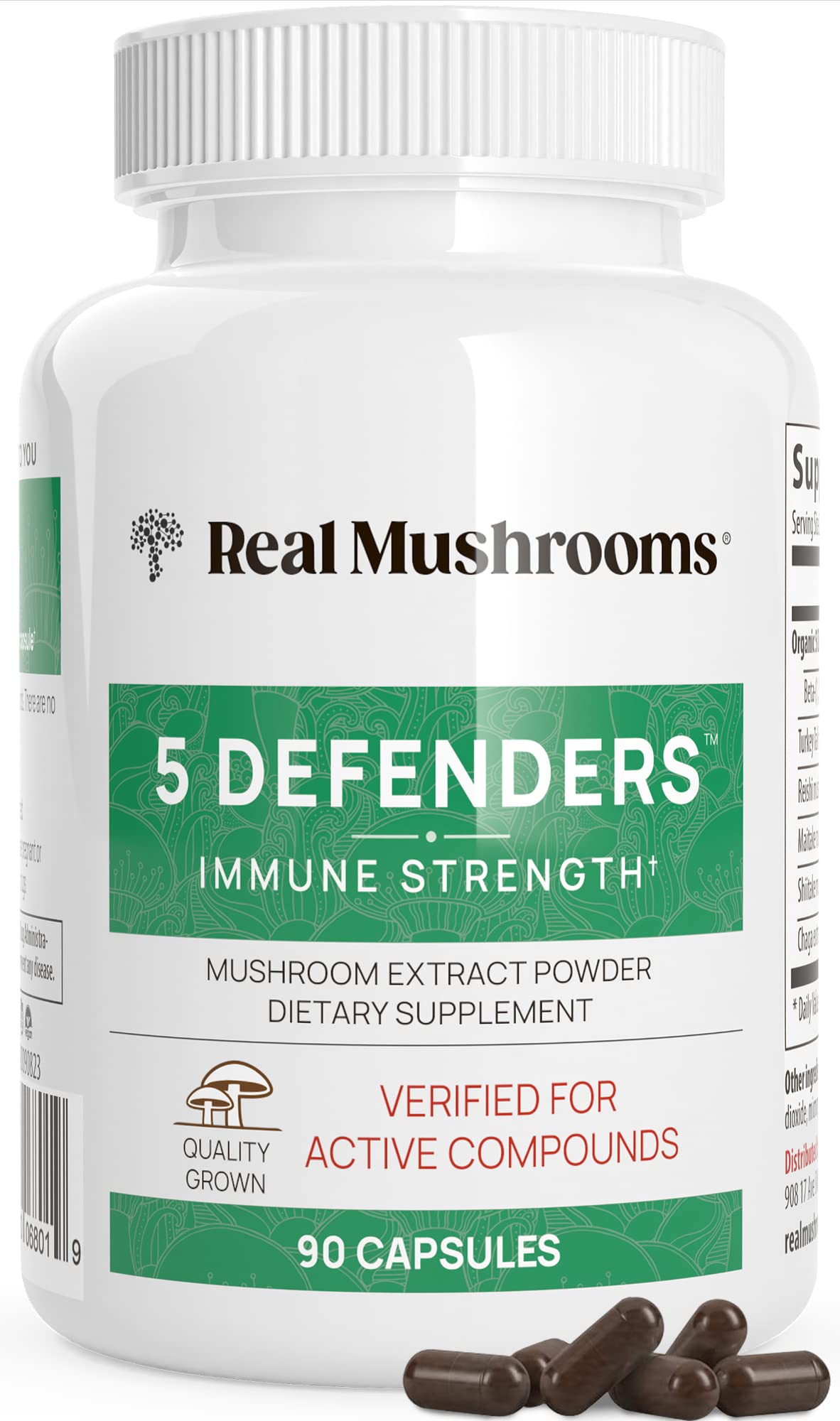 Real Mushrooms 5 Defenders capsules on white, showcasing adaptogenic blend for daily wellness.