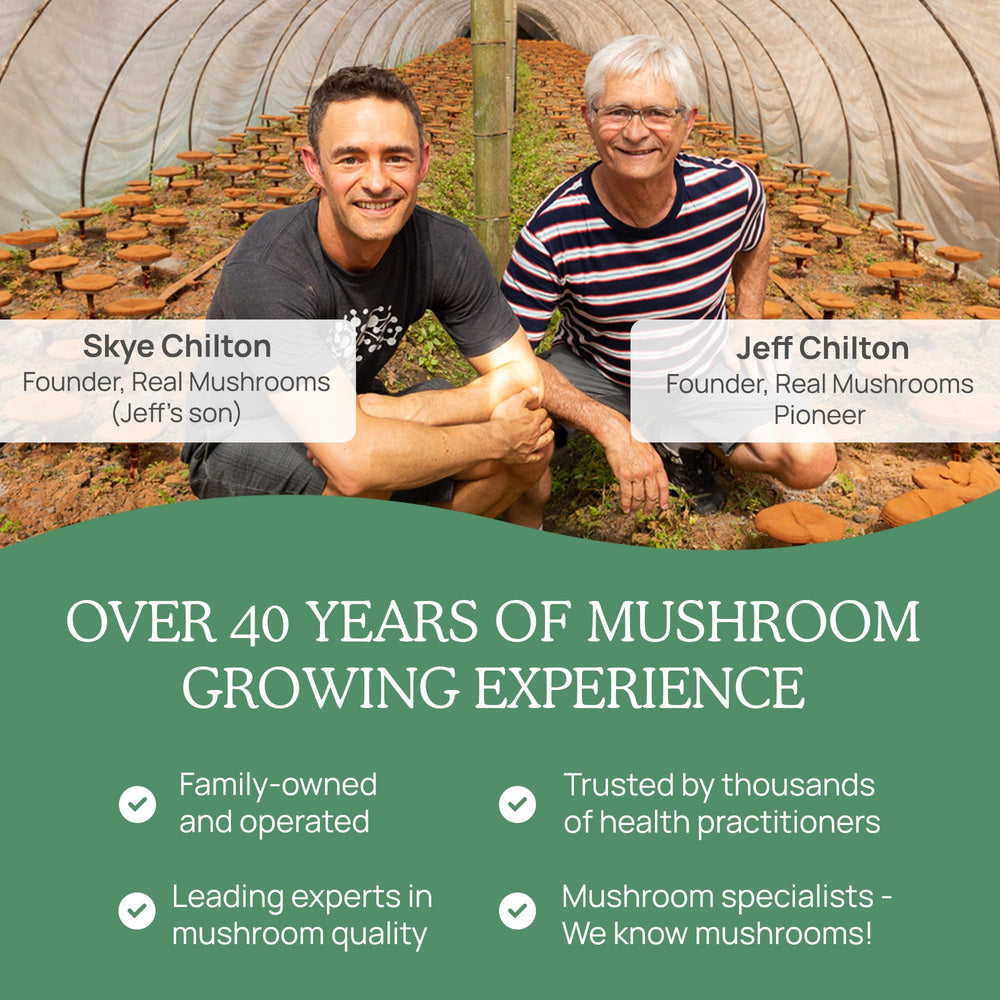 Organic certifications and vegan label on Real Mushrooms packaging.