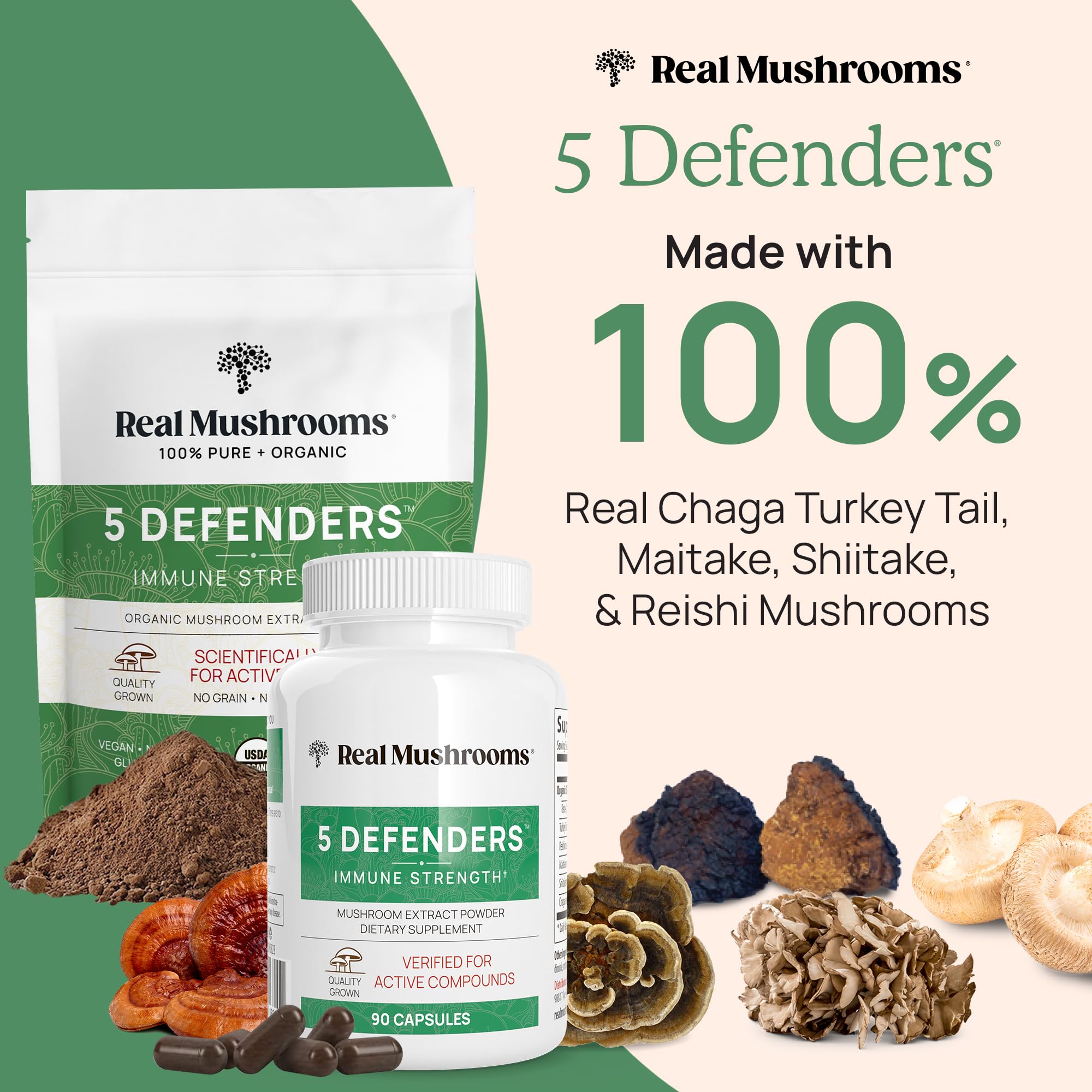 Scoop next to Real Mushrooms 5 Defenders powder for quick daily use.