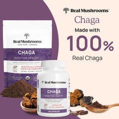 Real Mushrooms Chaga Capsules back label highlights organic and vegan ingredients.