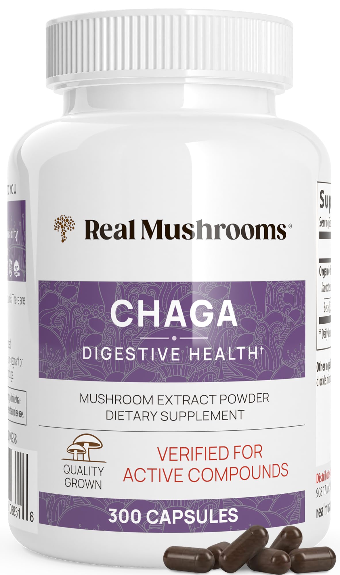 Real Mushrooms Chaga Capsules bottle front for daily wellness.