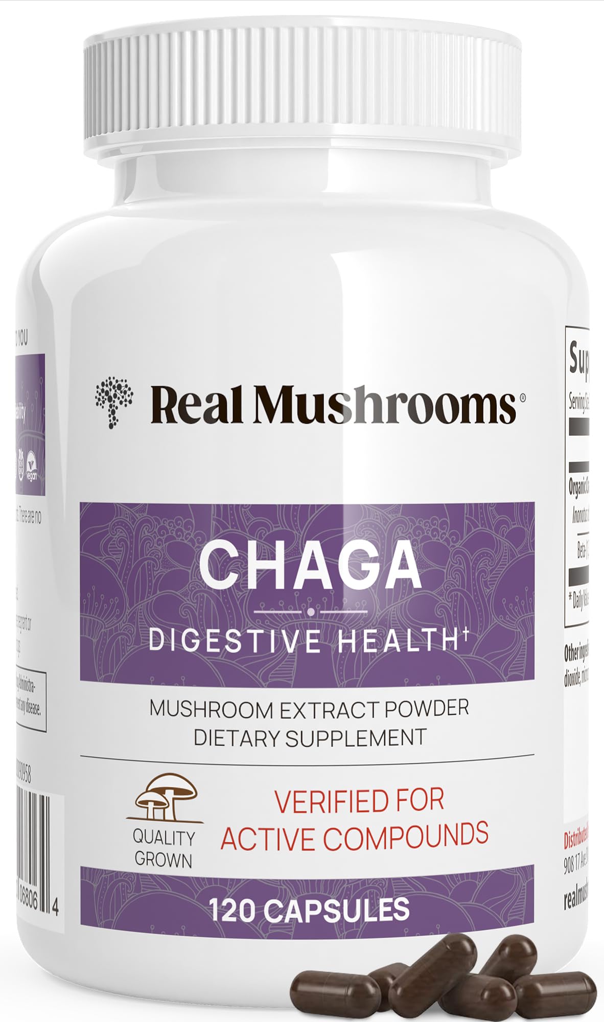 Real Mushrooms Chaga capsules bottle on shelf, vegan wellness.