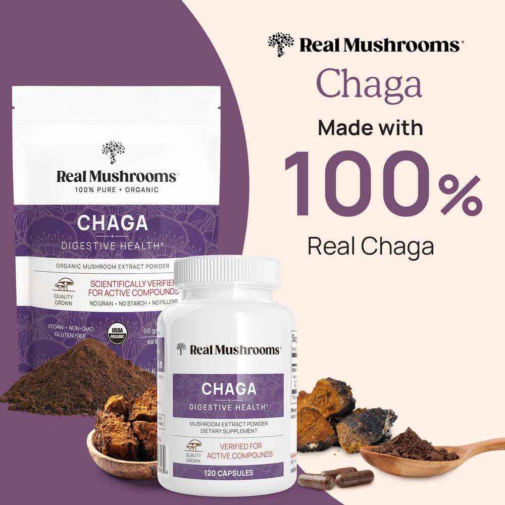 Close-up of Real Mushrooms Chaga label showing organic extract.