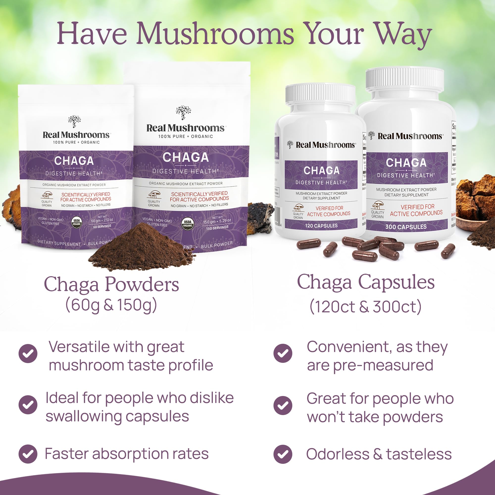 Made in USA badge on Real Mushrooms Chaga Capsules box.