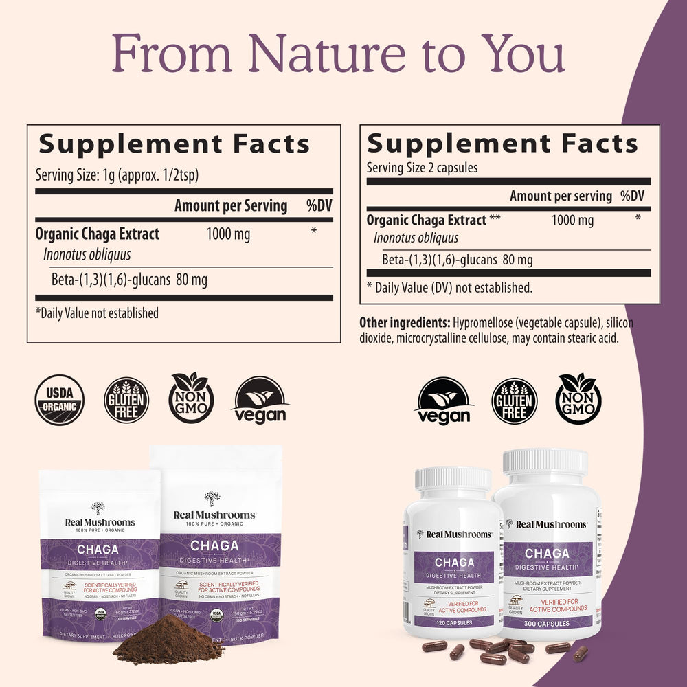 Real Mushrooms Chaga powder dispense into coffee, blending earthy notes for a smooth cup.