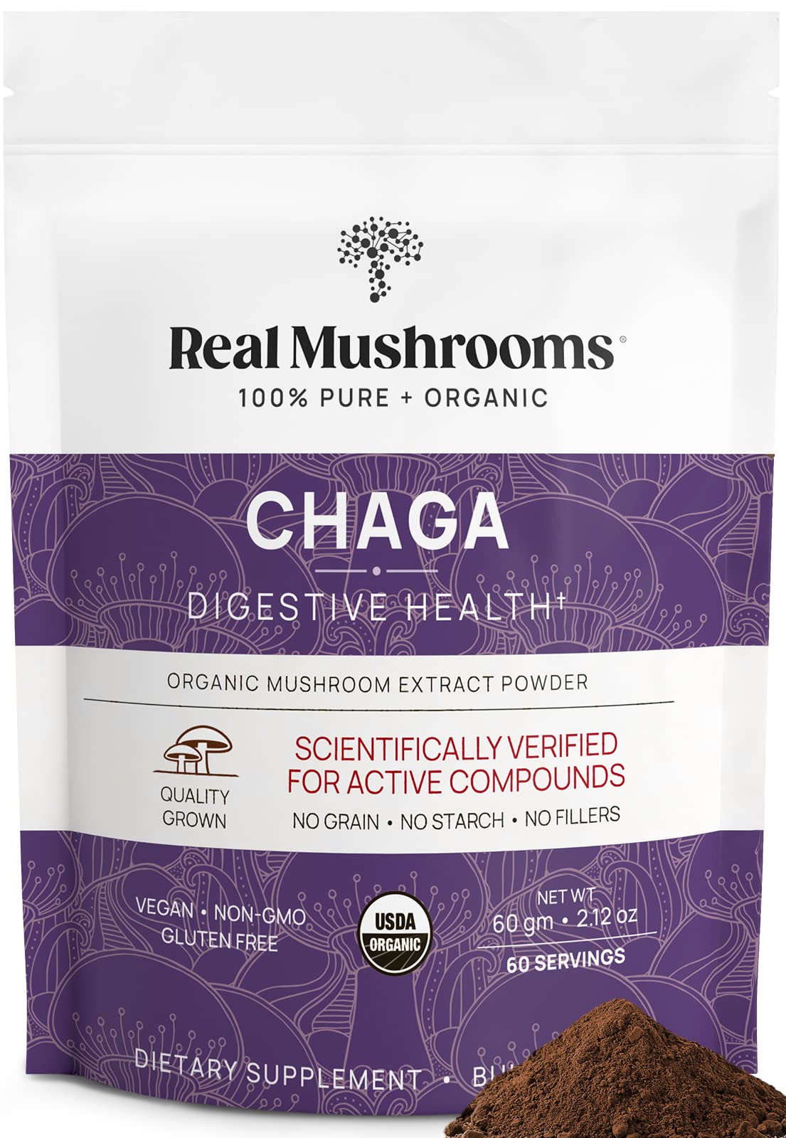 Real Mushrooms Chaga powder jar label showcases organic, wild-harvested extract for daily wellness.