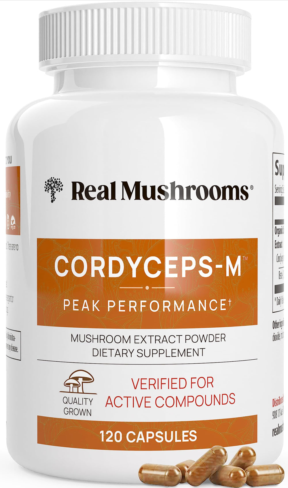 Real Mushrooms Cordyceps bottle showing pure extract for daily energy support.