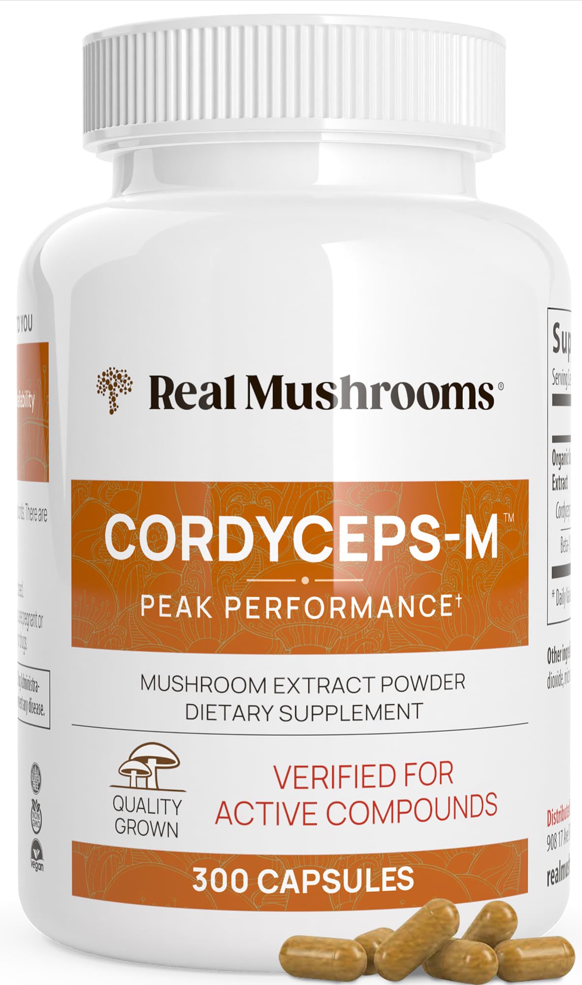 Real Mushrooms Cordyceps Capsules bottle on shelf for daily energy support.