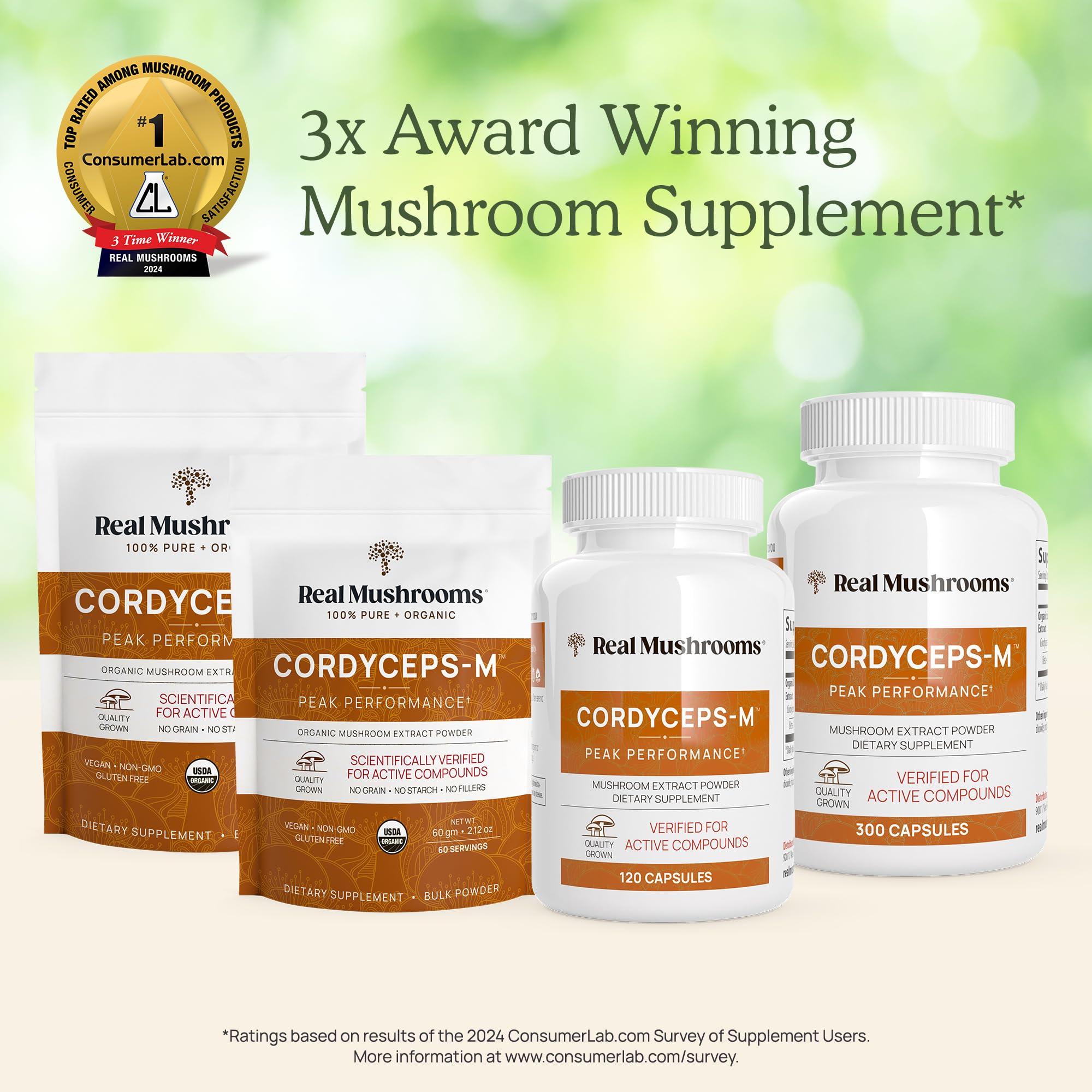 Real Mushrooms Cordyceps capsules pour into a glass, illustrating easy mixing with meals.
