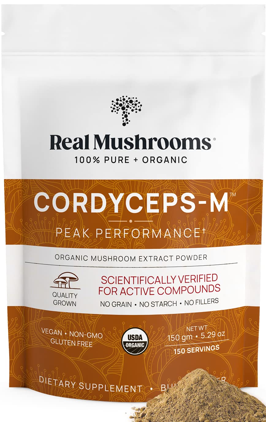 Real Mushrooms Cordyceps Powder bottle for daily energy support.