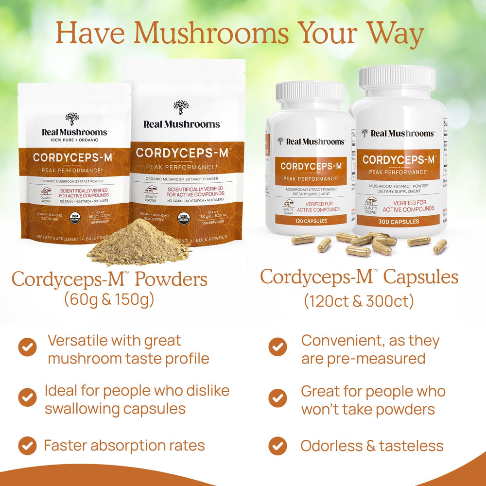 Real Mushrooms Cordyceps Powder organic label emphasizes USDA Organic certification.