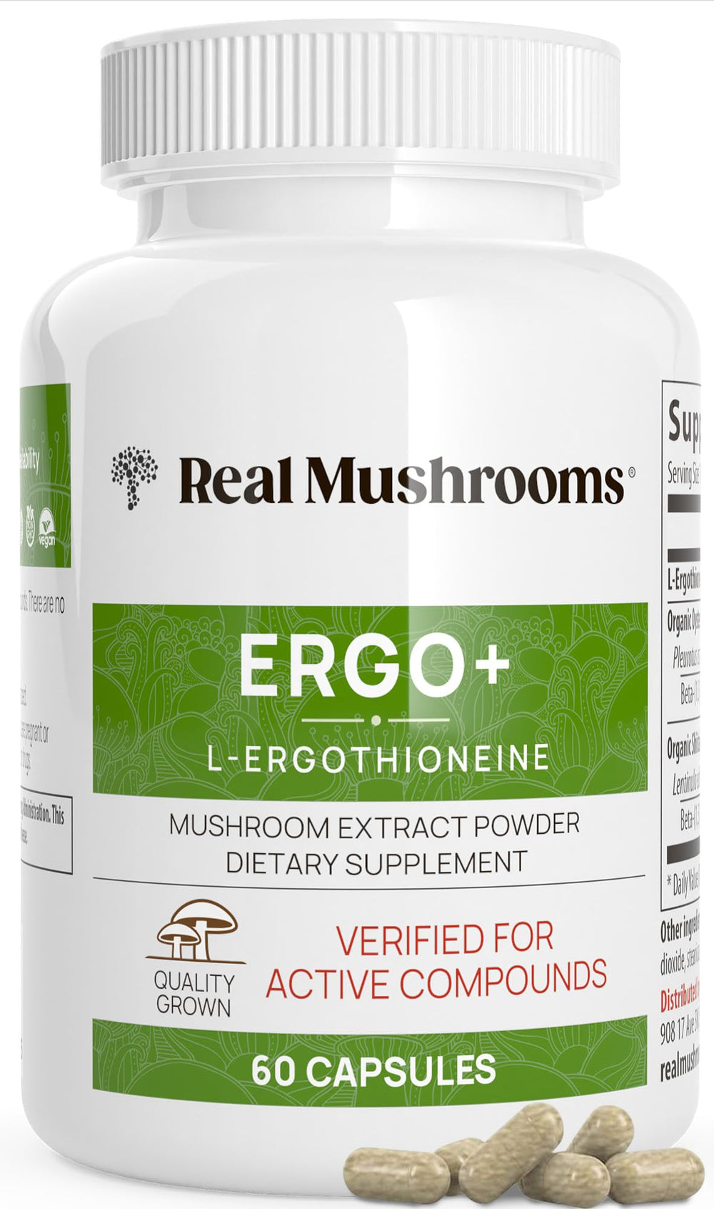 Real Mushrooms ergothioneine bottle capsules for daily supplementation