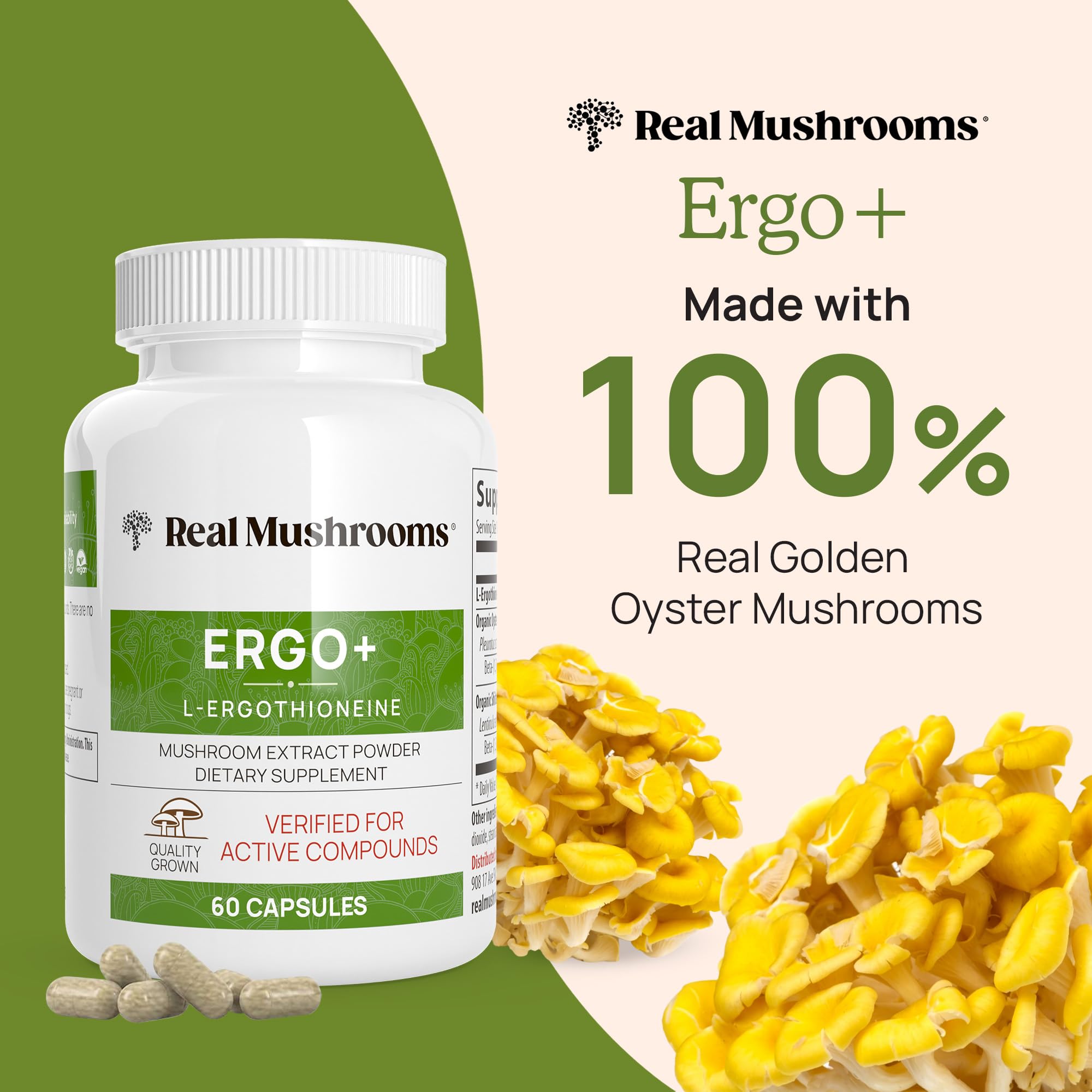 Closeup of Real Mushrooms ergothioneine capsules for easy use