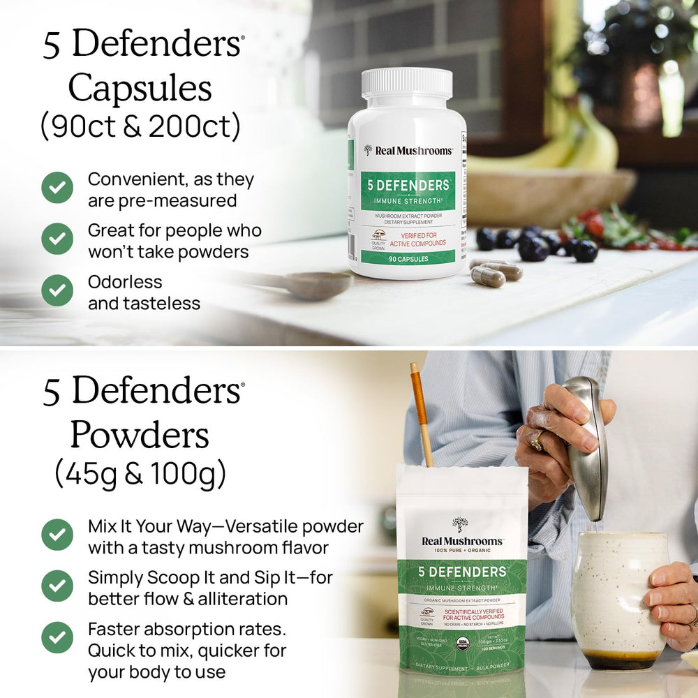 Real Mushrooms gluten-free and vegan capsules, designed for easy daily use.