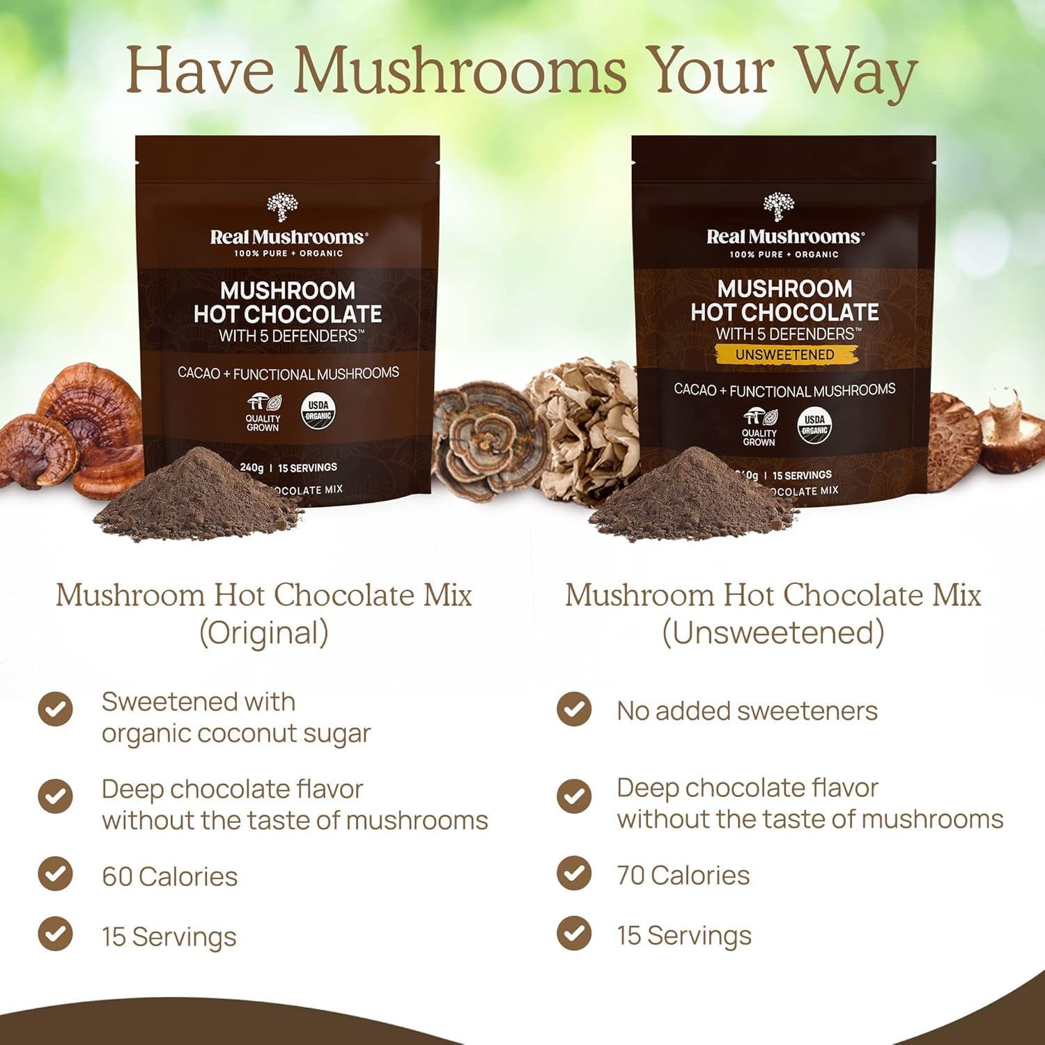 Real Mushrooms hot chocolate bowl beside mug ready to sip