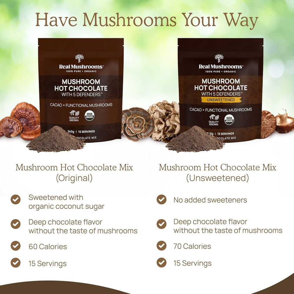 Real Mushrooms hot chocolate bowl beside mug ready to sip