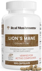 Real Mushrooms Lion’s Mane capsules in bottle for daily vegan support.