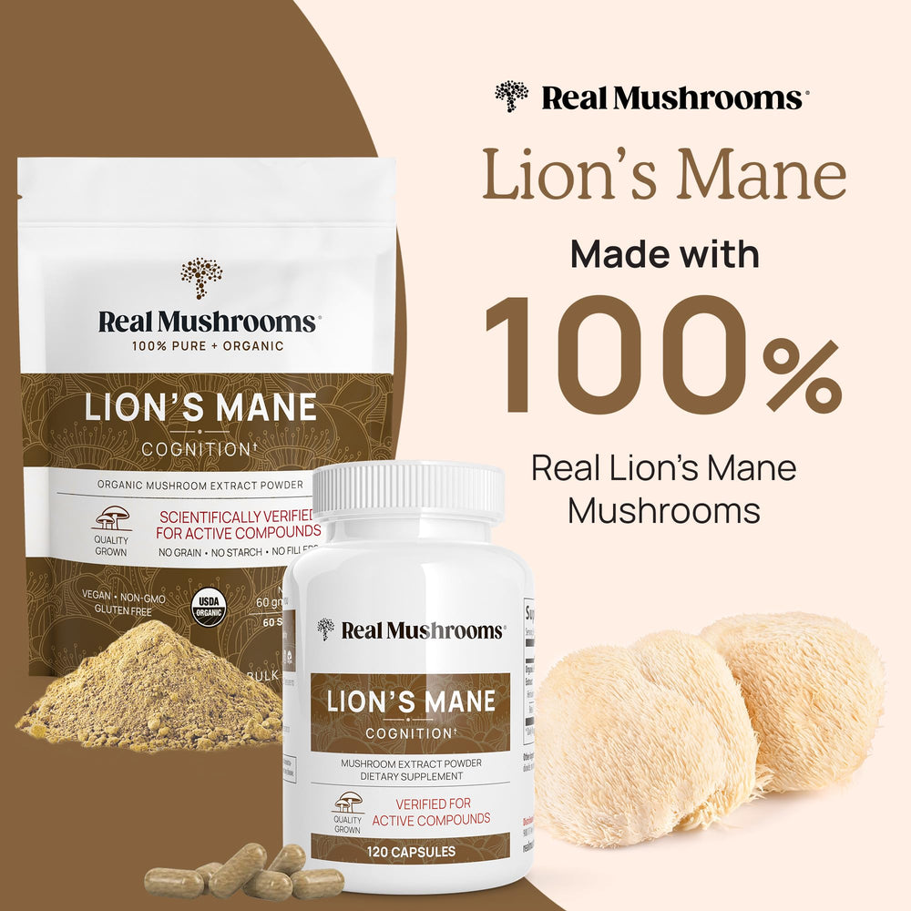 Close-up of Lion’s Mane capsules highlighting pure fruiting body extract.