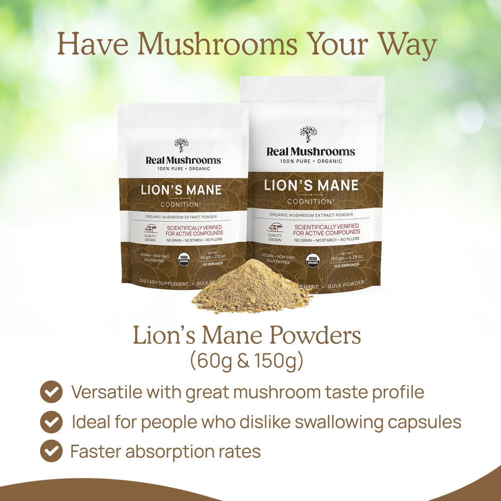 Real Mushrooms Lions Mane dissolves smoothly in coffee for focus.