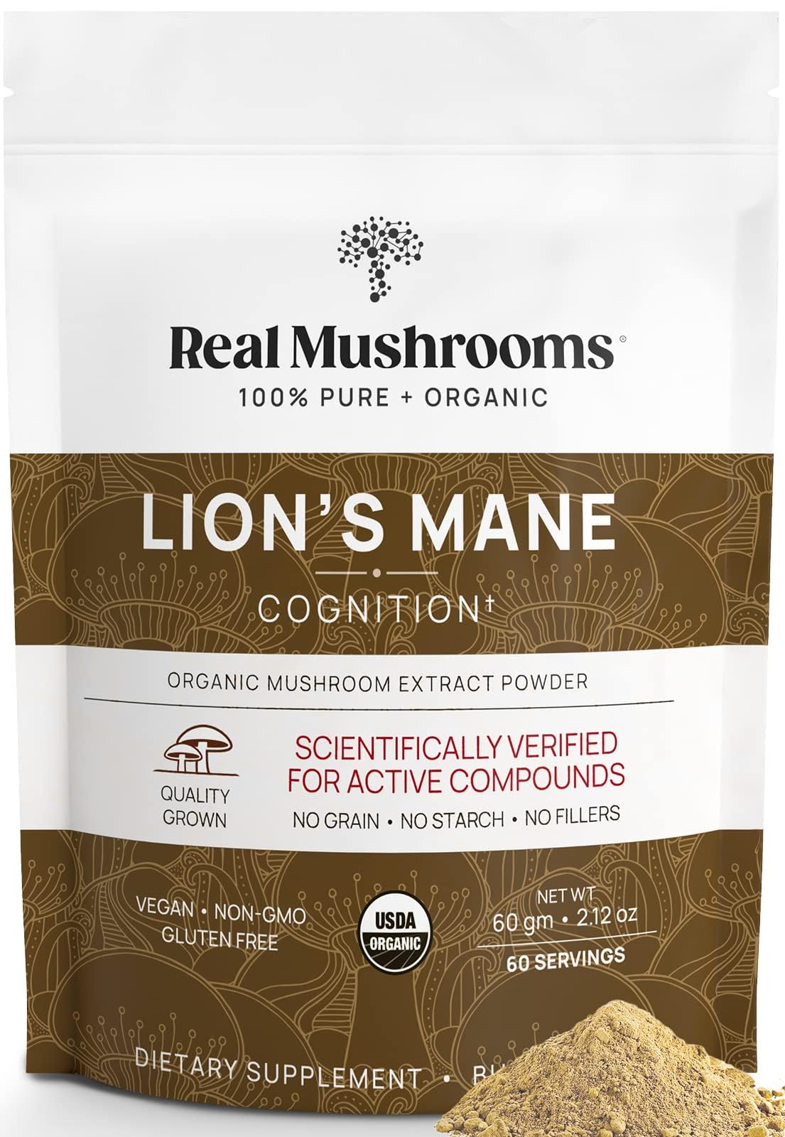Real Mushrooms Lions Mane extract powder tub for organic daily wellness.