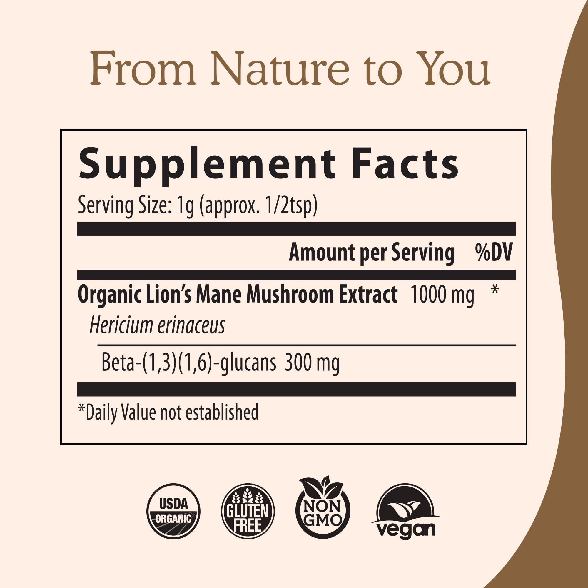 Real Mushrooms Lions Mane organic powder labeled for certified organic production.