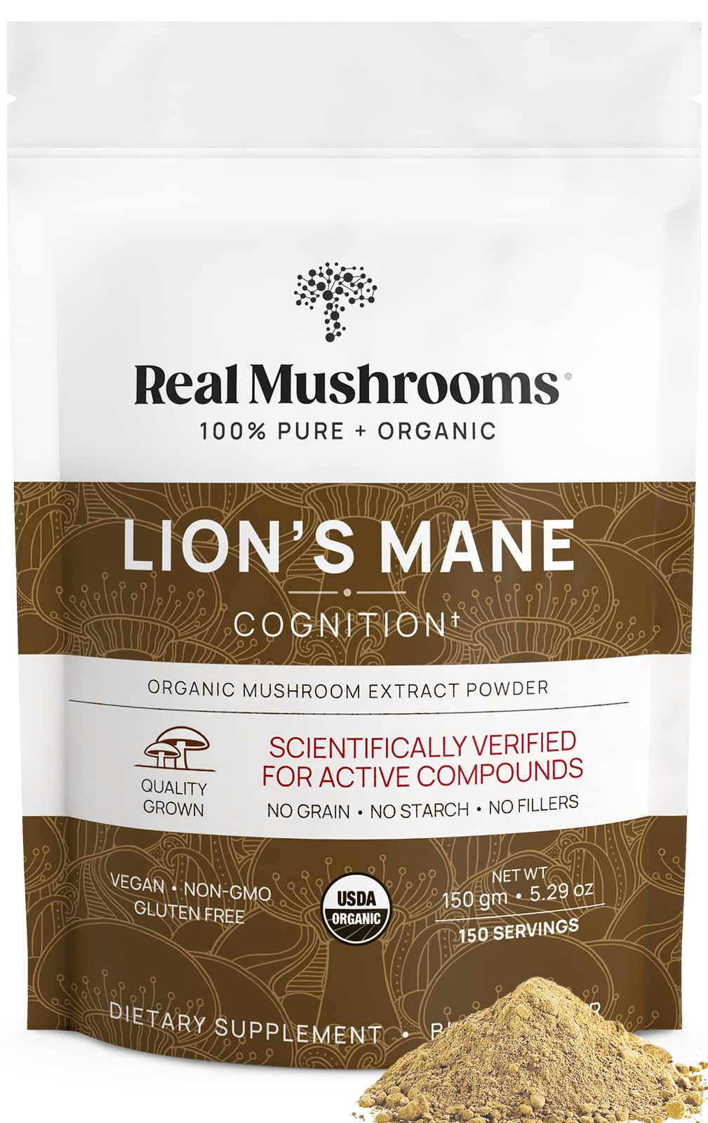 Real Mushrooms Lion's Mane powder bottle with organic label for daily focus support.