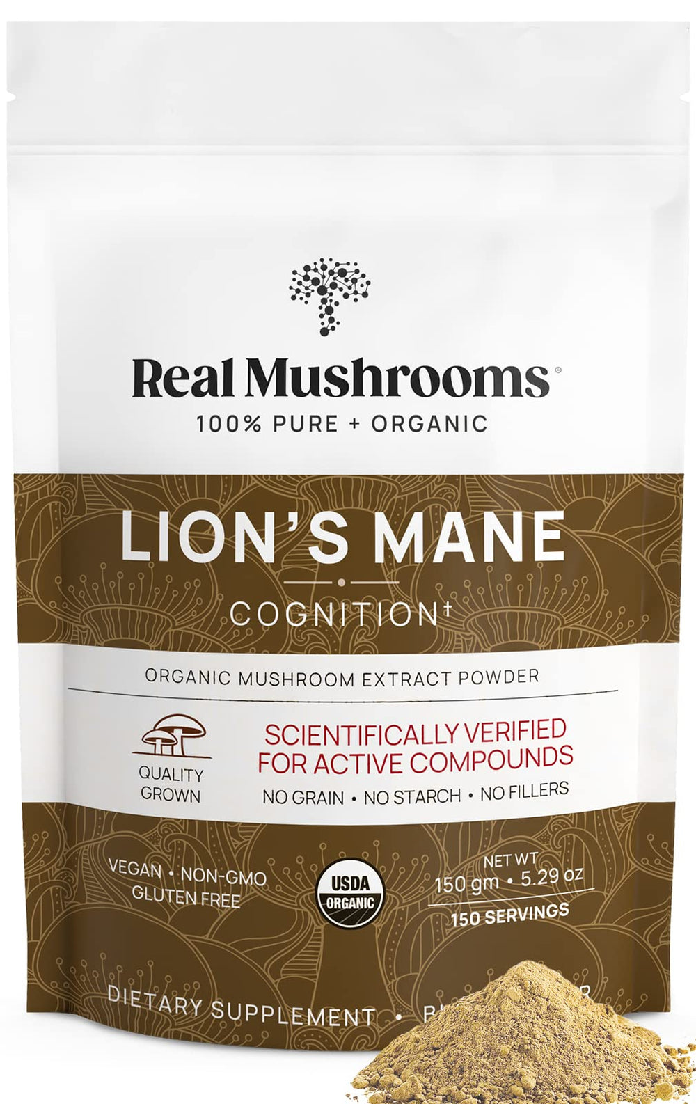 Real Mushrooms Lion's Mane powder bottle with organic label for daily focus support.