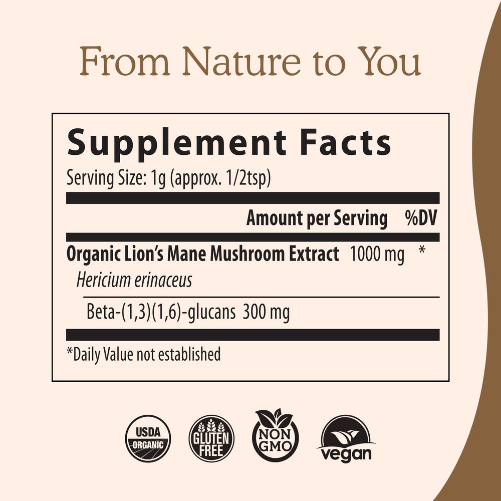 Real Mushrooms Lion's Mane powder measured with a spoon for precise daily serving.