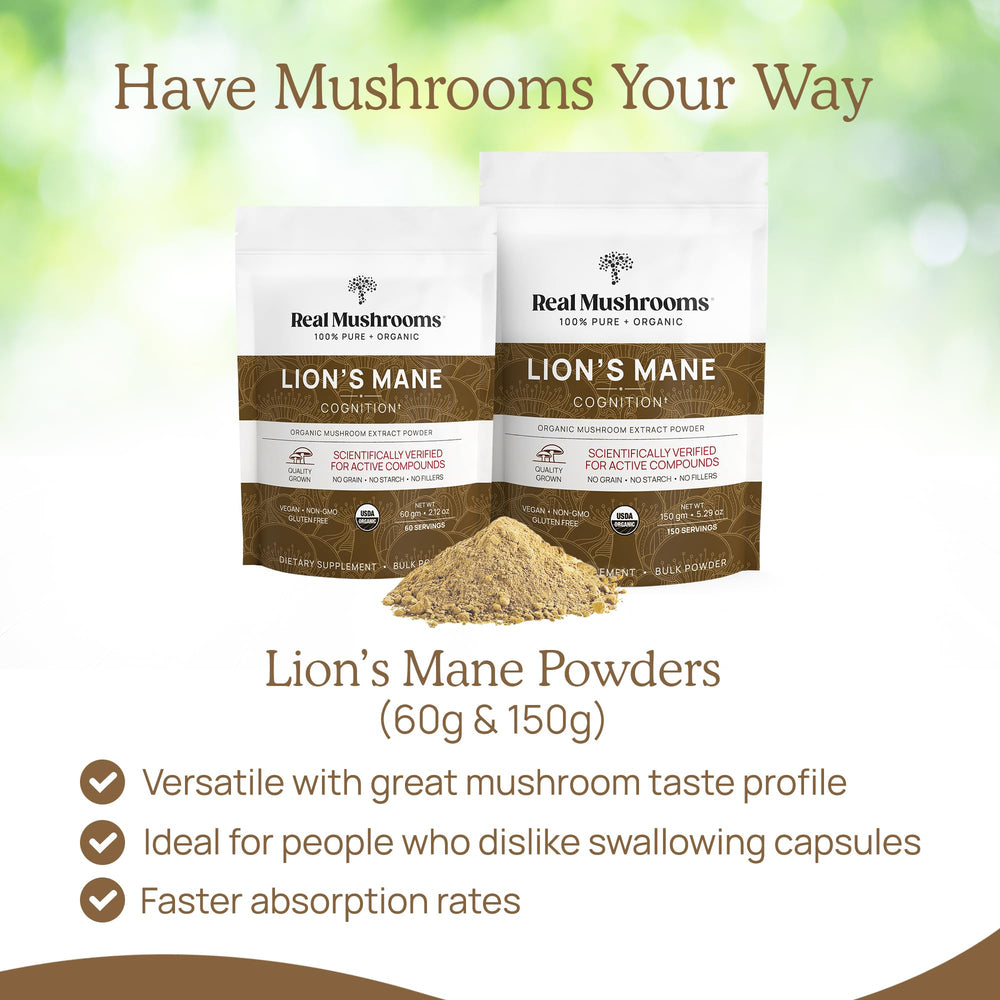 Real Mushrooms Lion's Mane organic-labeled powder showcases USDA Organic and vegan credentials.