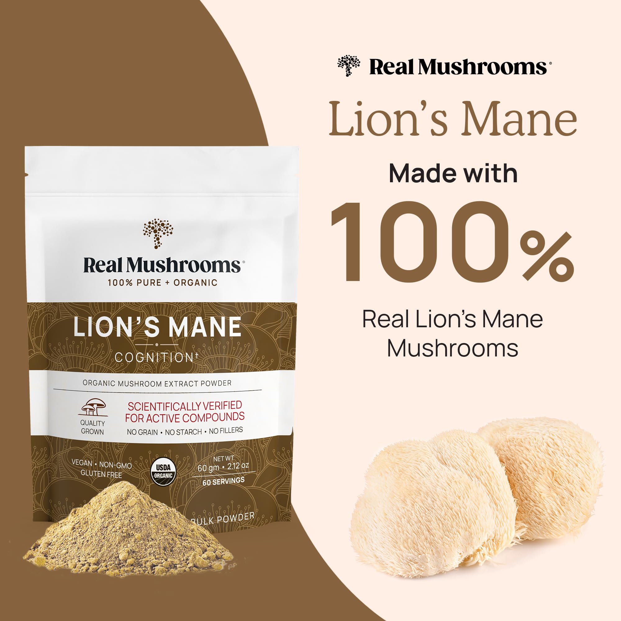 Real Mushrooms Lions Mane US-made formula ensuring quality and purity.