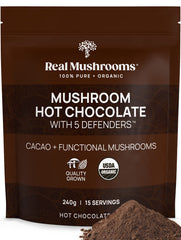 Real Mushrooms Organic Hot Chocolate packaging with clear ingredients for daily use