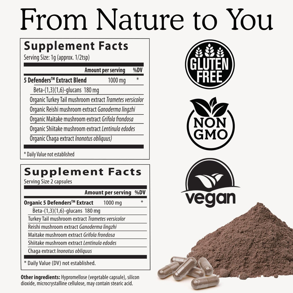 Real Mushrooms organic mushroom extract close-up, emphasizing 100% fruiting bodies.