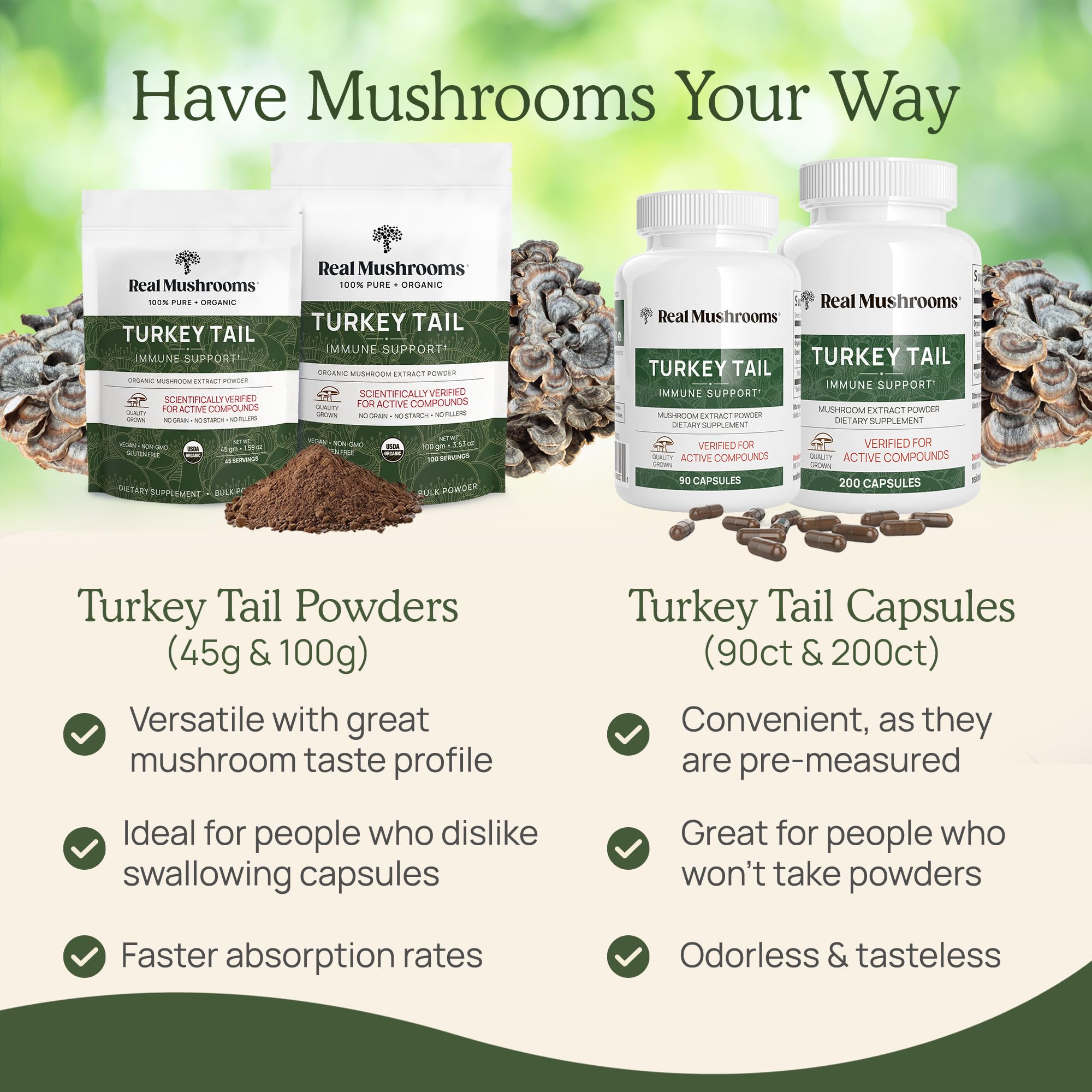 Real Mushrooms organic turkey tail powder produced in the USA