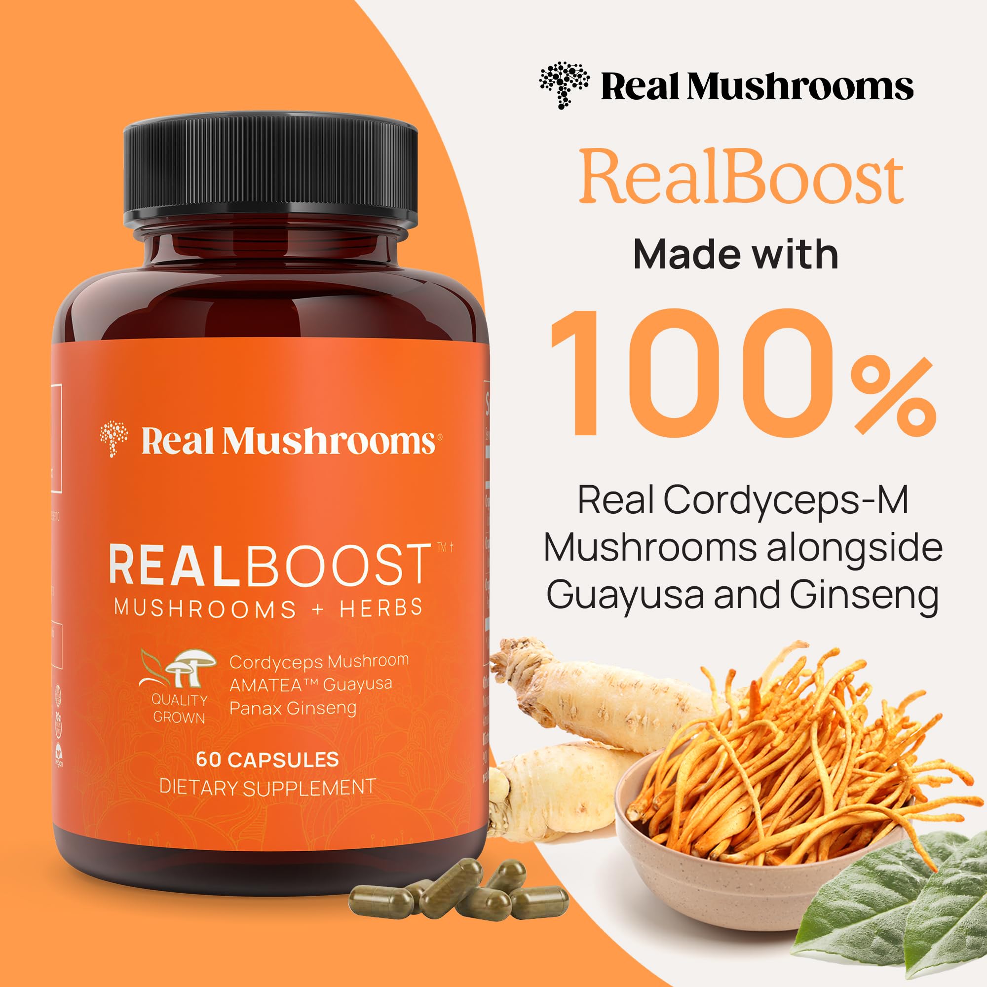 Close-up of RealBoost capsules highlighting cordyceps and ginseng ingredients.