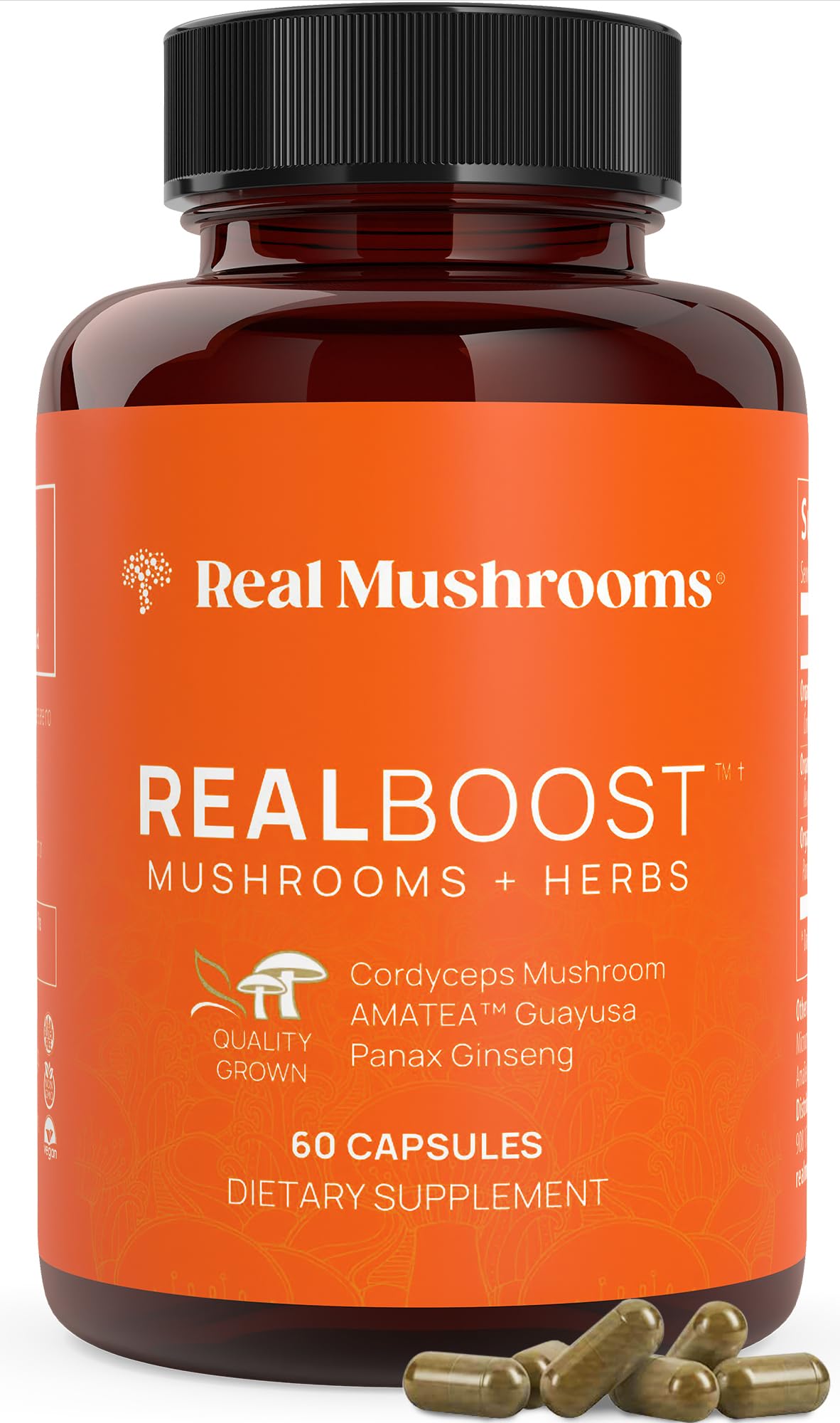 Real Mushrooms RealBoost bottle with cordyceps capsules for daily energy support.
