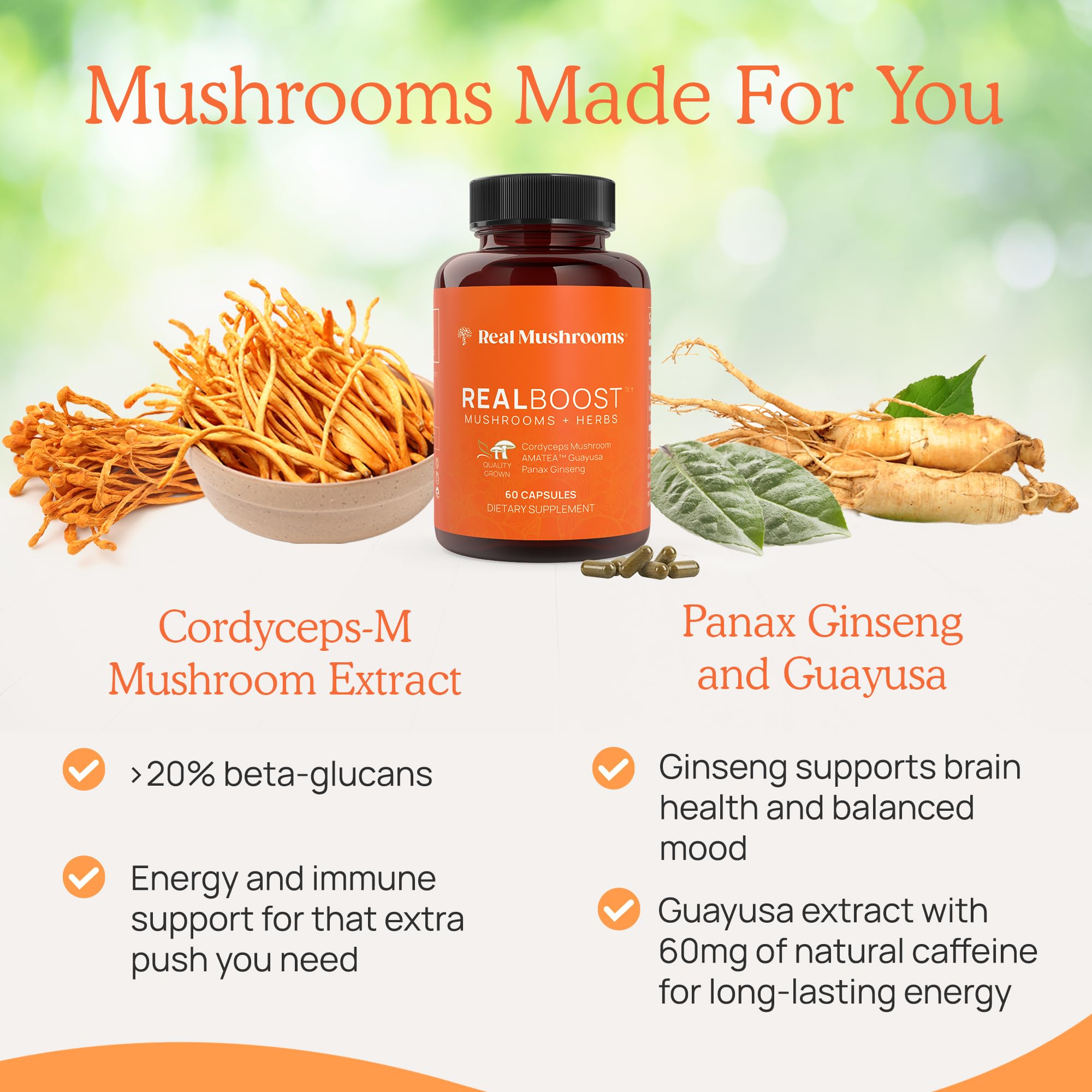 Real Mushrooms RealBoost mix-in option shown for beverages and meals.